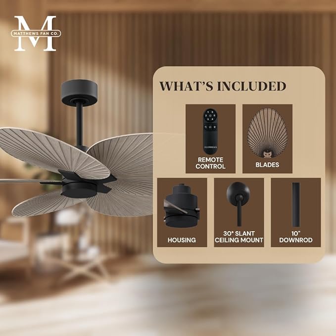 AK-BK-GA-42 Alessandra Wet Rated Downrod Mount 42" Ceiling Fan without Light, Remote Included, 3 Gray Ash ABS Blades, Matte