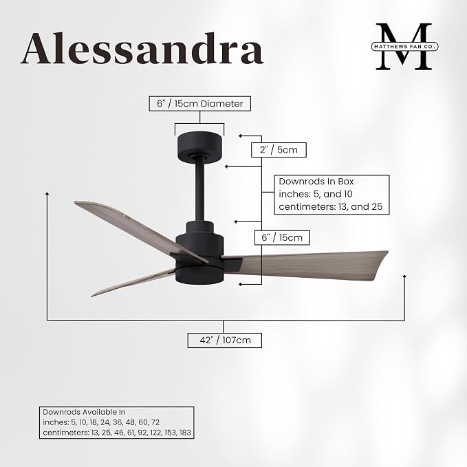 AK-BK-GA-42 Alessandra Wet Rated Downrod Mount 42" Ceiling Fan without Light, Remote Included, 3 Gray Ash ABS Blades, Matte