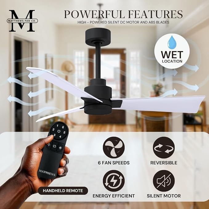 AK-BK-MWH-42 Alessandra Wet Rated 42" Ceiling Fan without Light, Remote Included, Silent DC Motor, Matte Black with Matte