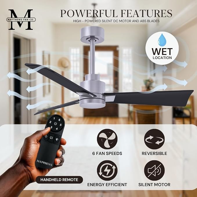 AK-BN-BK-42 Alessandra Wet Rated 42" Ceiling Fan without Light, Remote Included, Silent DC Motor, Brushed Nickel, alternate