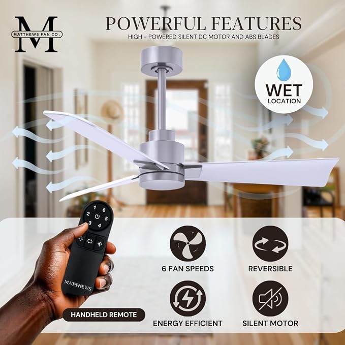 AK-BN-MWH-56 Alessandra Wet Rated 56" Ceiling Fan without Light, Remote Included, Silent DC Motor, Brushed Nickel with Matte