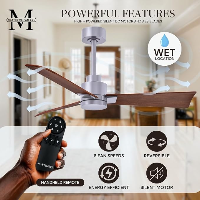 AK-BN-WN-56 Alessandra Wet Rated 56" Ceiling Fan without Light, Remote Included, Silent DC Motor, Brushed Nickel with Walnut