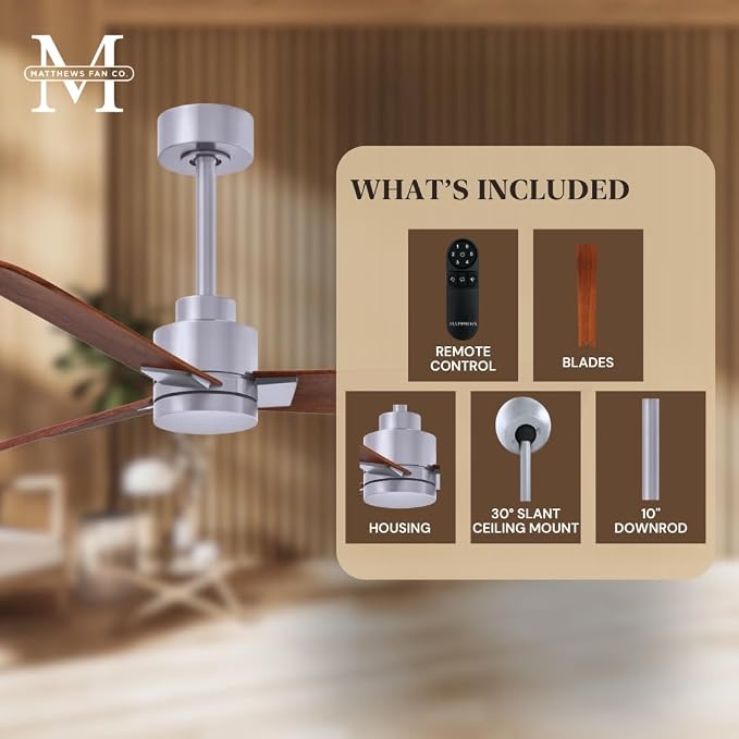 AK-BN-WN-56 Alessandra Wet Rated 56" Ceiling Fan without Light, Remote Included, Silent DC Motor, Brushed Nickel with Walnut