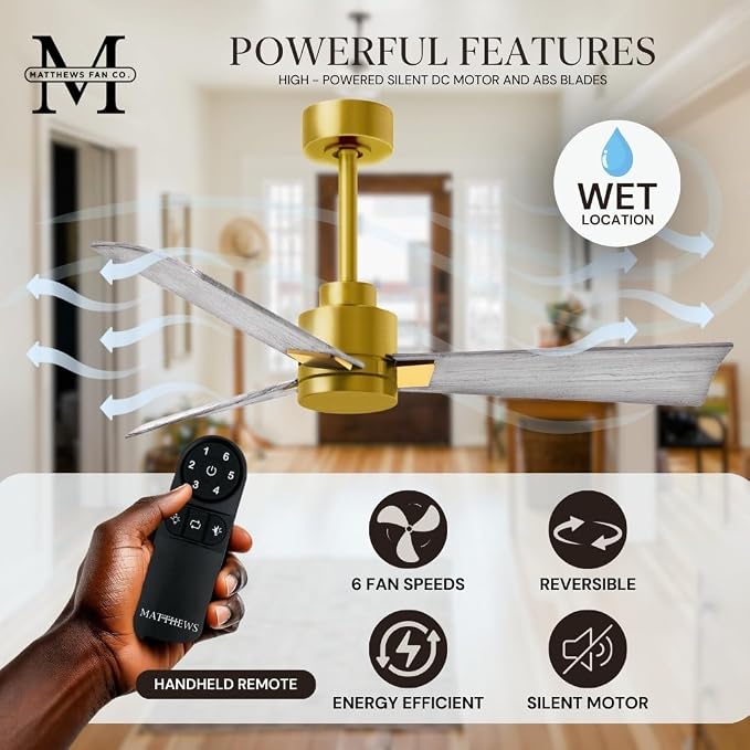 AK-BRBR-BW-42 Alessandra Wet Rated 42" Ceiling Fan without Light, Remote Included, Silent DC Motor, Brushed Brass with Barn