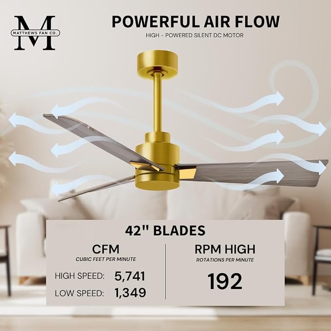 AK-BRBR-GA-42 Alessandra Wet Rated 42" Ceiling Fan without Light, Remote Included, Silent DC Motor, Brushed Brass with Gray