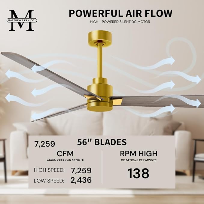 AK-BRBR-GA-56 Alessandra Wet Rated 56" Ceiling Fan without Light, Remote Included, Silent DC Motor, Brushed Brass with Gray