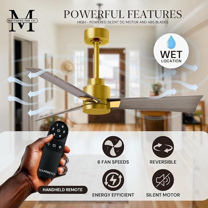 AK-BRBR-GA-72 Alessandra Wet Rated 72" Ceiling Fan without Light, Remote Included, Silent DC Motor, Brushed Brass with Gray