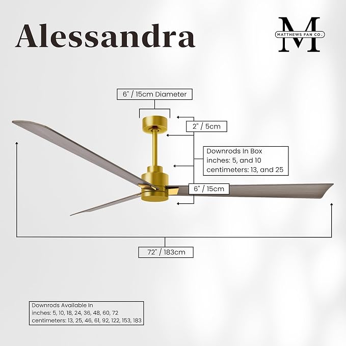 AK-BRBR-GA-72 Alessandra Wet Rated 72" Ceiling Fan without Light, Remote Included, Silent DC Motor, Brushed Brass with Gray
