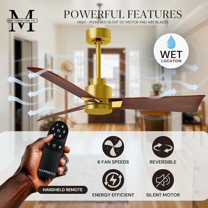 AK-BRBR-WN-56 Alessandra Wet Rated 56" Ceiling Fan without Light, Remote Included, Silent DC Motor, Brushed Brass with Walnut