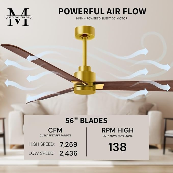 AK-BRBR-WN-56 Alessandra Wet Rated 56" Ceiling Fan without Light, Remote Included, Silent DC Motor, Brushed Brass with Walnut