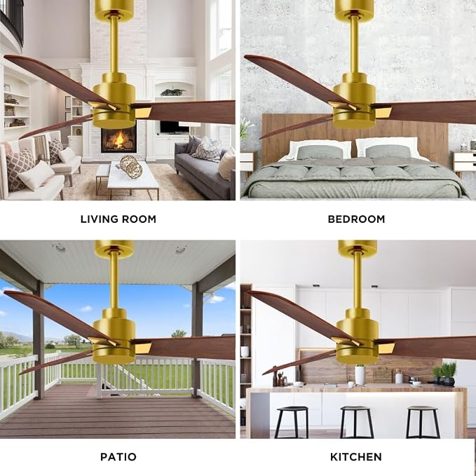 AK-BRBR-WN-56 Alessandra Wet Rated 56" Ceiling Fan without Light, Remote Included, Silent DC Motor, Brushed Brass with Walnut