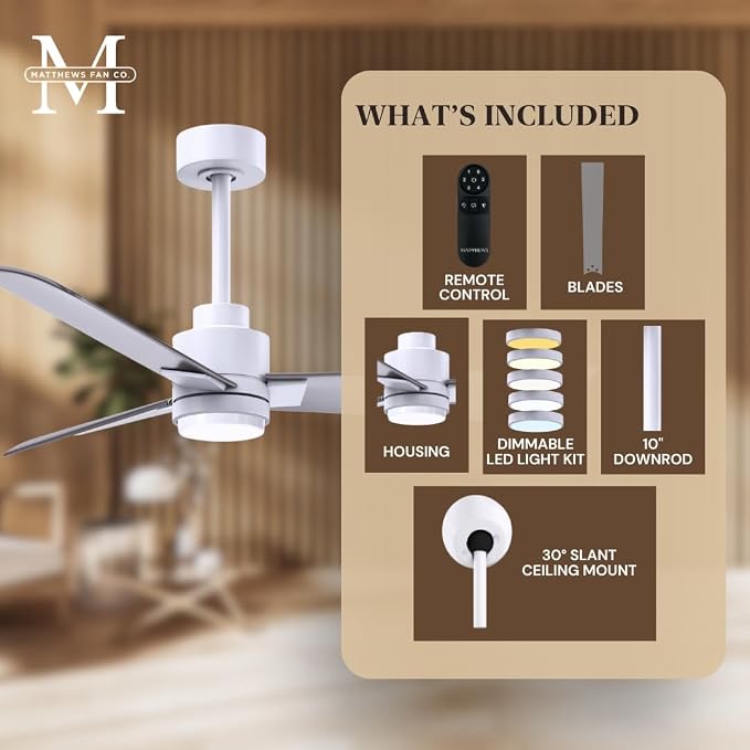 AK-MWH-BN-42 Alessandra Wet Rated 42" Ceiling Fan without Light, Remote Included, Silent DC Motor, Matte White with Brushed