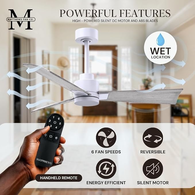 AK-MWH-BW-42 Alessandra Wet Rated 42" Ceiling Fan without Light, Remote Included, Silent DC Motor, Matte White with Barn Wood