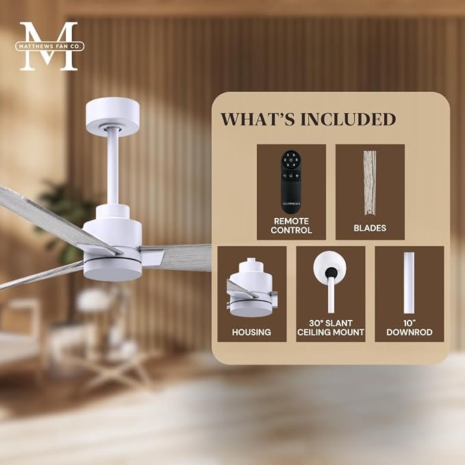 AK-MWH-BW-42 Alessandra Wet Rated 42" Ceiling Fan without Light, Remote Included, Silent DC Motor, Matte White with Barn Wood