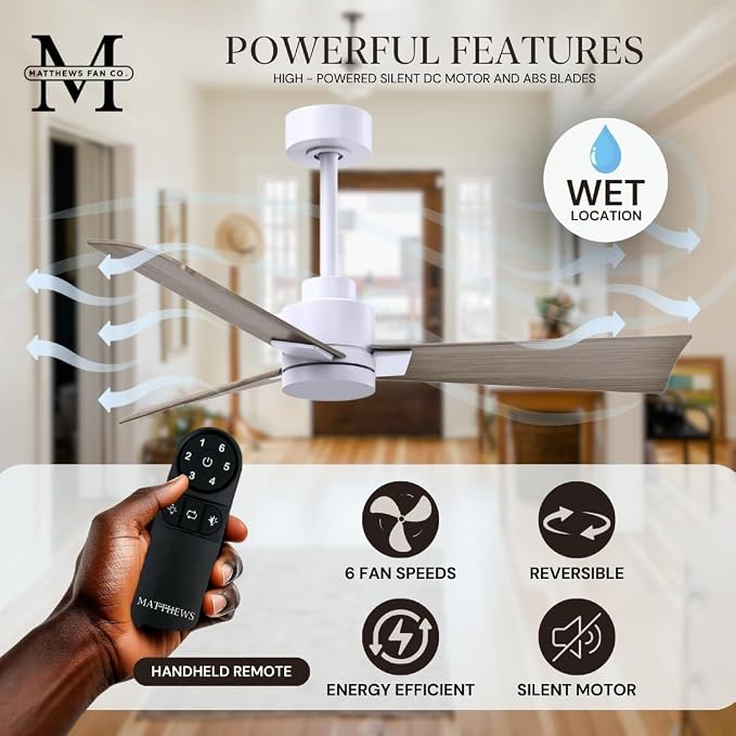 AK-MWH-GA-42 Alessandra Wet Rated 42" Ceiling Fan without Light, Remote Included, Silent DC Motor, Matte White with Gray Ash