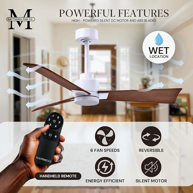 AK-MWH-WN-56 Alessandra Wet Rated 56" Ceiling Fan without Light, Remote Included, Silent DC Motor, Matte White with Walnut