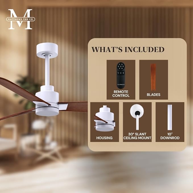 AK-MWH-WN-56 Alessandra Wet Rated 56" Ceiling Fan without Light, Remote Included, Silent DC Motor, Matte White with Walnut