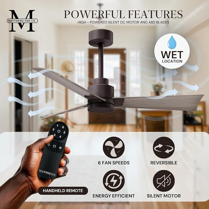 AK-TB-GA-42 Alessandra Wet Rated 42" Ceiling Fan without Light, Remote Included, Silent DC Motor, Textured Bronze with Gray