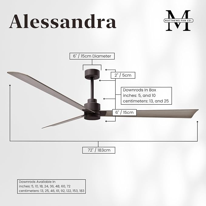 AK-TB-GA-72 Alessandra Indoor/Outdoor Wet Rated Downrod Mount 72" Ceiling Fan with Remote, 3 Gray Ash ABS Blades, Textured