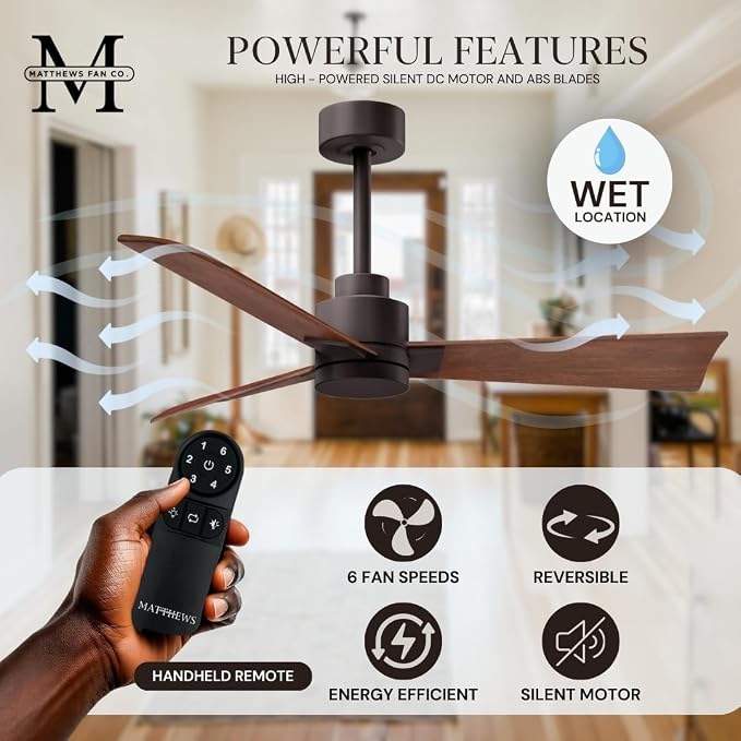 AK-TB-WN-42 Alessandra Indoor/Outdoor Wet Rated Downrod Mount 42" Ceiling Fan with Remote, 3 Walnut Tone ABS Blades, Textured