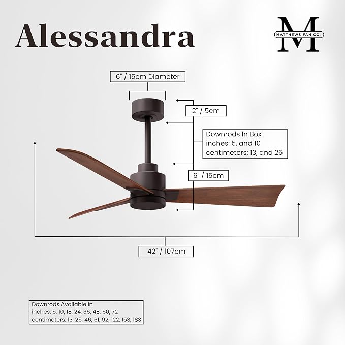 AK-TB-WN-42 Alessandra Indoor/Outdoor Wet Rated Downrod Mount 42" Ceiling Fan with Remote, 3 Walnut Tone ABS Blades, Textured