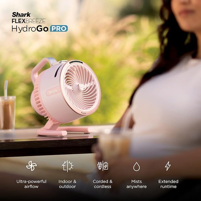 All-New FlexBreeze HydroGo Pro Fan - Powerful, portable fan, indoor & outdoor, dry-touch evaporative mist. Corded & cordless