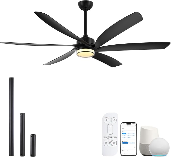 All Weather Outdoor Ceiling Fan with Light Wet Rated, 64 Inch Modern Smart Ceiling Fans, Voice/Wifi/RemoteControl, 6 Large