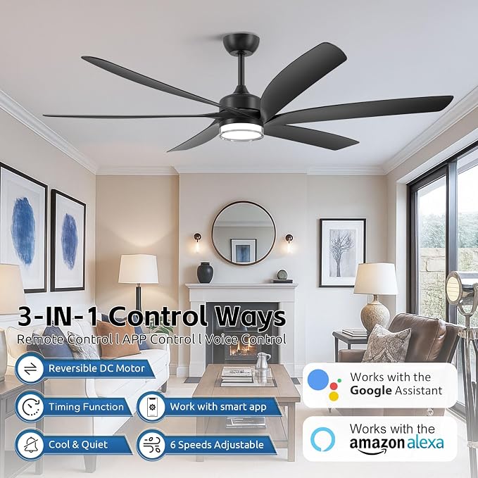 All Weather Outdoor Ceiling Fan with Light Wet Rated, 64 Inch Modern Smart Ceiling Fans, Voice/Wifi/RemoteControl, 6 Large