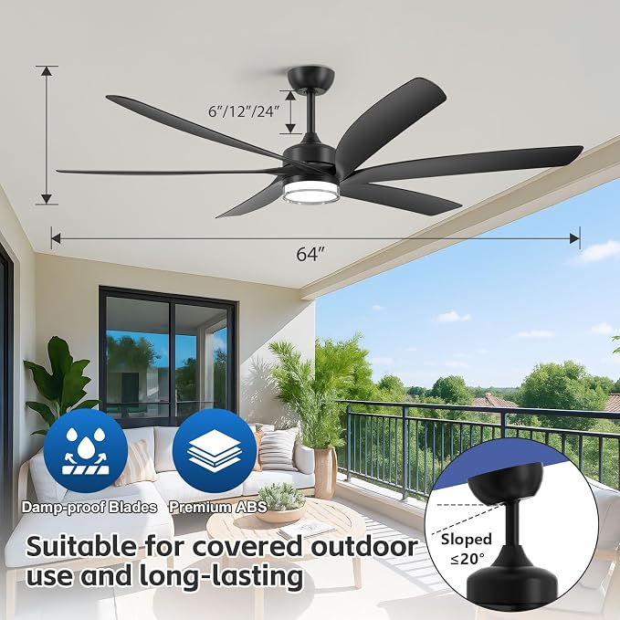 All Weather Outdoor Ceiling Fan with Light Wet Rated, 64 Inch Modern Smart Ceiling Fans, Voice/Wifi/RemoteControl, 6 Large