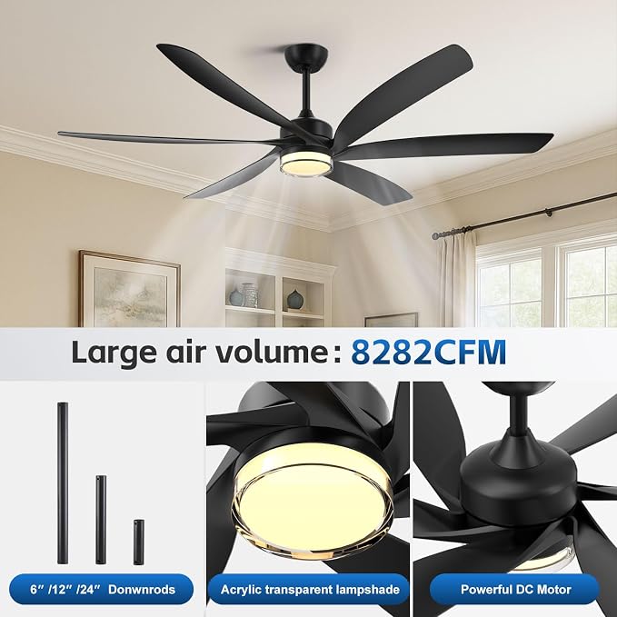 All Weather Outdoor Ceiling Fan with Light Wet Rated, 64 Inch Modern Smart Ceiling Fans, Voice/Wifi/RemoteControl, 6 Large