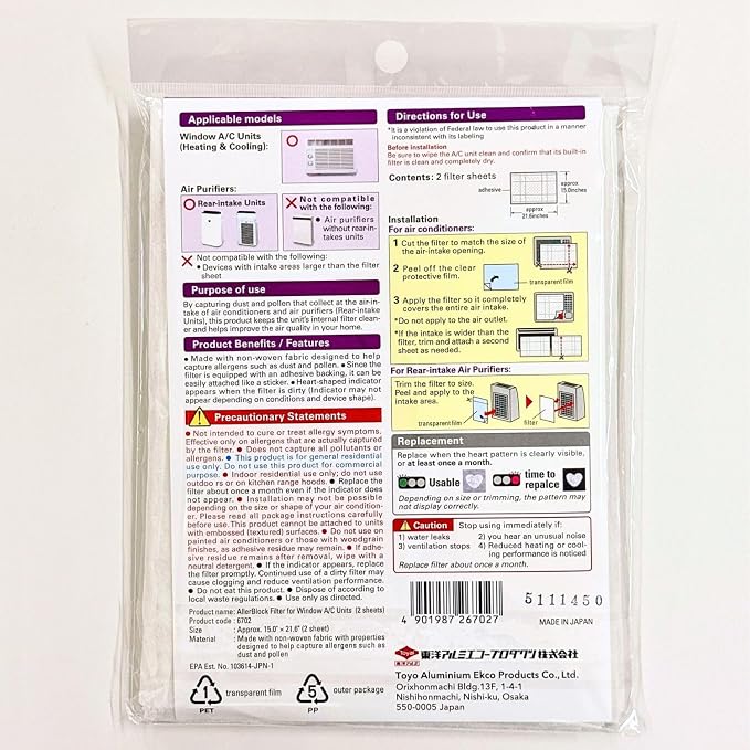 Aller Block Window A/C Filters – Anti-Allergenic, Captures Dust & Pollen, Peel & Stick, Easy Apply,, Made in, alternate view