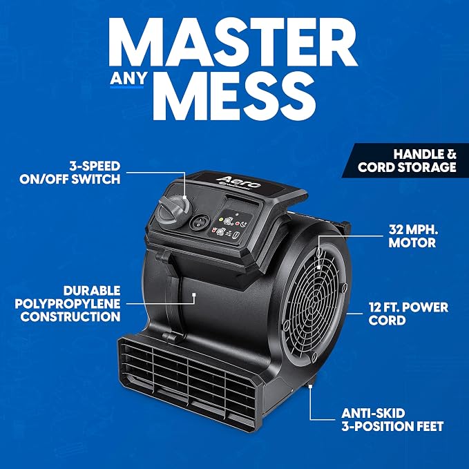 AM201R 3 Speed Floor Fan, 156W 550 CFM Air Mover, Utility Blower Fan, Carpet Dryer for Drying, Cooling & Circulation