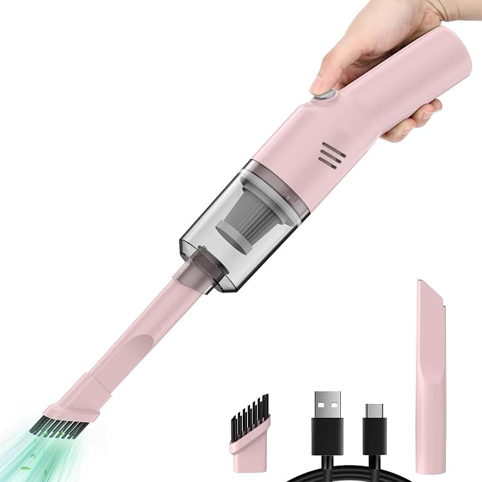 Portable Mini Car Vacuum Cleaner Pink, High Power Cordless(400g) Handheld Rechargeable