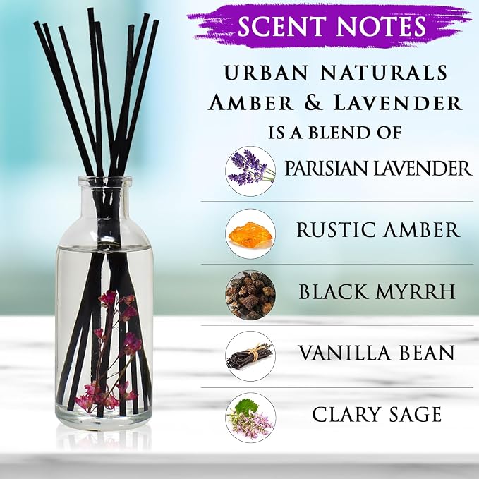 Amber & Lavender Reed Diffuser Scented Sticks Set | (Awaken + Renew) Mind & Body Aromatherapy Collection | Essential Oil