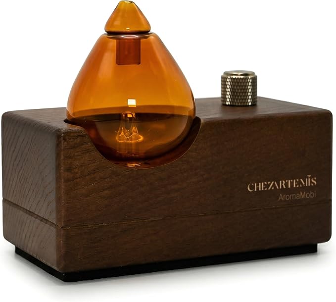 Amber Premium Glass Essential Oil Diffuser with Handmade Wood Base for Aromatherapy, Retro Waterless Scent Diffuser with Cool