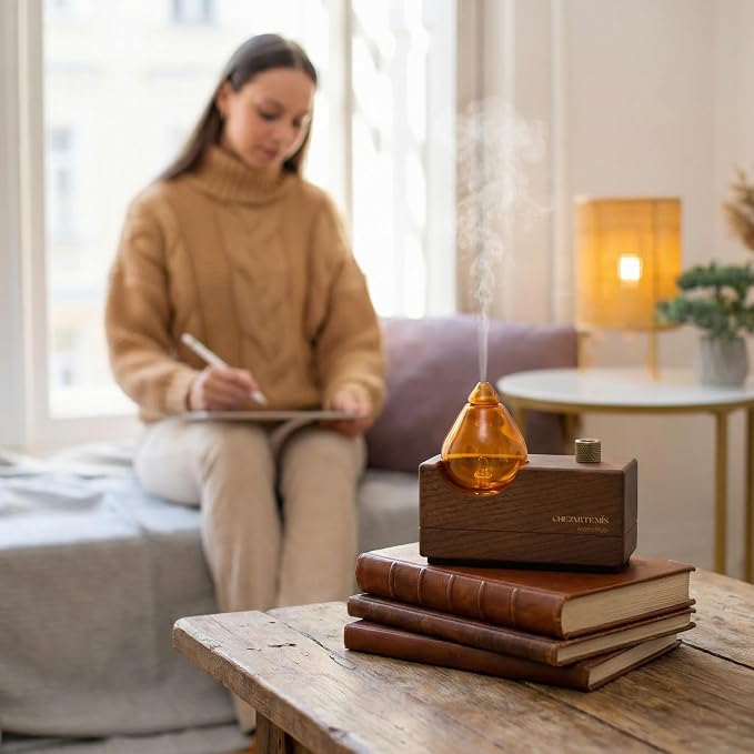 Amber Premium Glass Essential Oil Diffuser with Handmade Wood Base for Aromatherapy, Retro Waterless Scent Diffuser with Cool