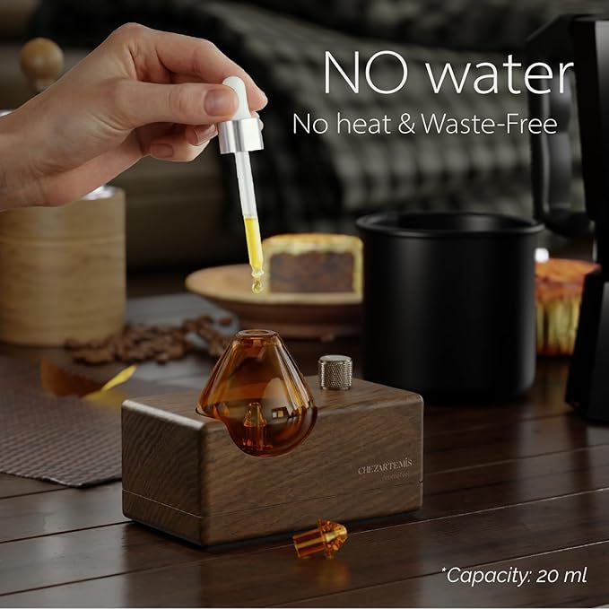 Amber Premium Glass Essential Oil Diffuser with Handmade Wood Base for Aromatherapy, Retro Waterless Scent Diffuser with Cool