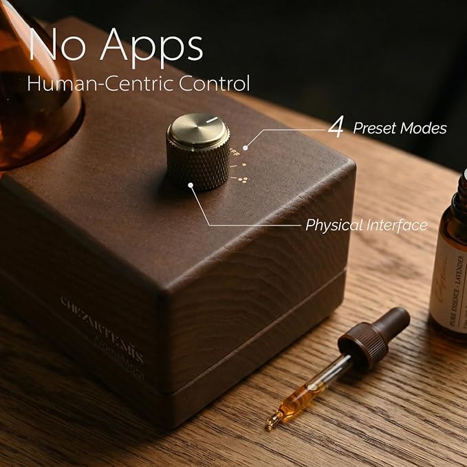 Amber Premium Glass Essential Oil Diffuser with Handmade Wood Base for Aromatherapy, Retro Waterless Scent Diffuser with Cool