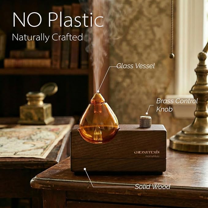 Amber Premium Glass Essential Oil Diffuser with Handmade Wood Base for Aromatherapy, Retro Waterless Scent Diffuser with Cool