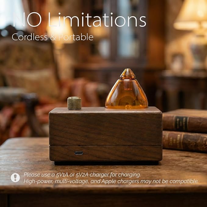 Amber Premium Glass Essential Oil Diffuser with Handmade Wood Base for Aromatherapy, Retro Waterless Scent Diffuser with Cool