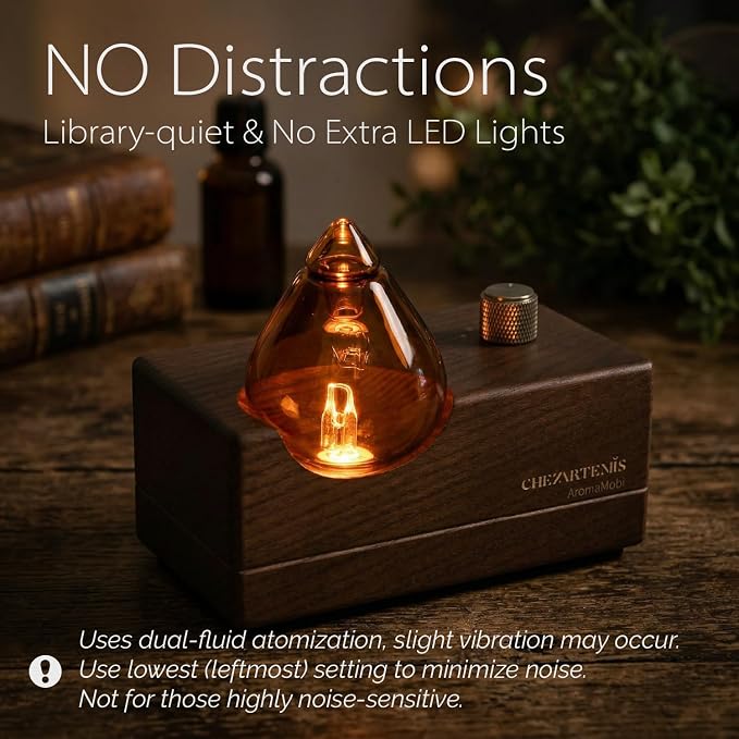 Amber Premium Glass Essential Oil Diffuser with Handmade Wood Base for Aromatherapy, Retro Waterless Scent Diffuser with Cool
