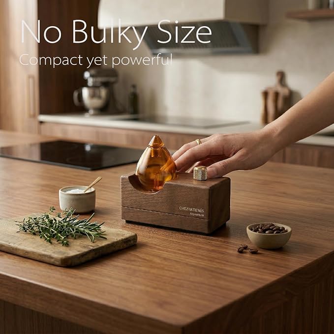 Amber Premium Glass Essential Oil Diffuser with Handmade Wood Base for Aromatherapy, Retro Waterless Scent Diffuser with Cool
