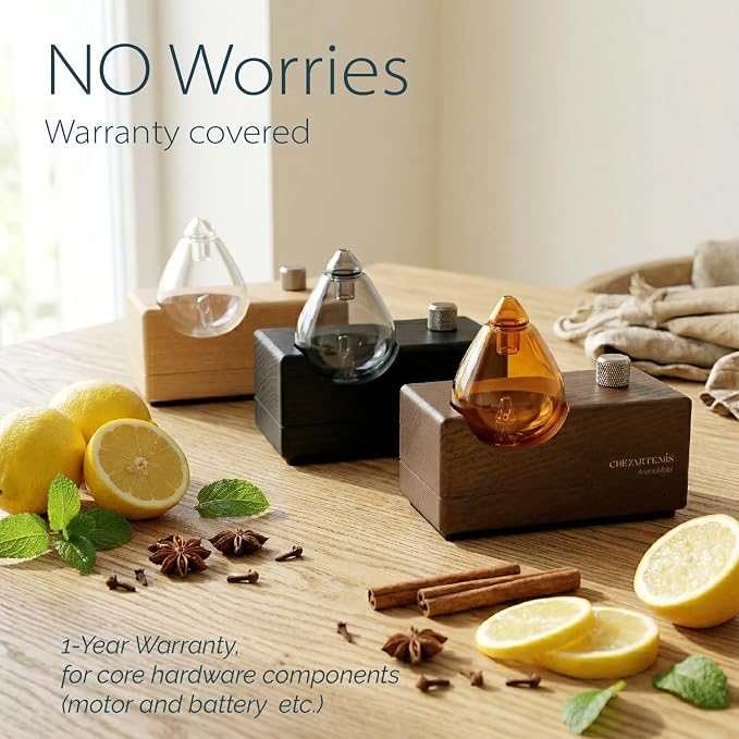 Amber Premium Glass Essential Oil Diffuser with Handmade Wood Base for Aromatherapy, Retro Waterless Scent Diffuser with Cool