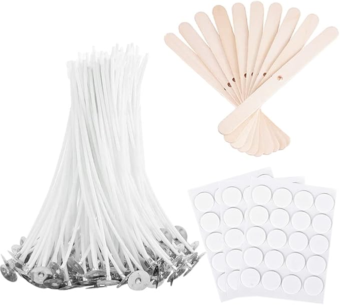 Antunihood Bulk Candle Wicks 100 Pcs with 60Pcs Candle Wick Stickers and 10 Pcs Wooden Candle Wick Centering Device for Soy