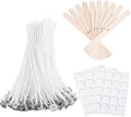 Antunihood Bulk Candle Wicks 100 Pcs with 60Pcs Candle Wick Stickers and 10 Pcs Wooden Candle Wick Centering Device for Soy