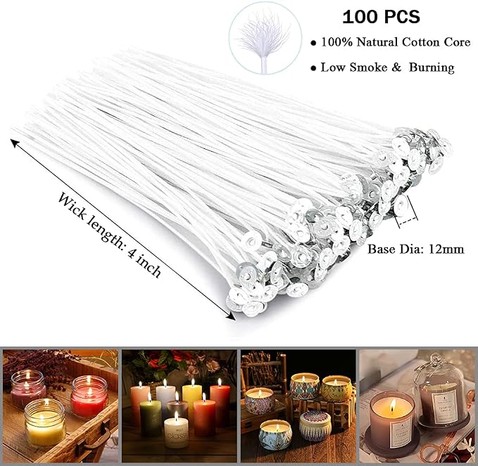 Antunihood Bulk Candle Wicks 100 Pcs with 60Pcs Candle Wick Stickers and 10 Pcs Wooden Candle Wick Centering Device for Soy