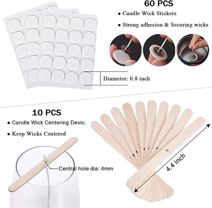 Antunihood Bulk Candle Wicks 100 Pcs with 60Pcs Candle Wick Stickers and 10 Pcs Wooden Candle Wick Centering Device for Soy