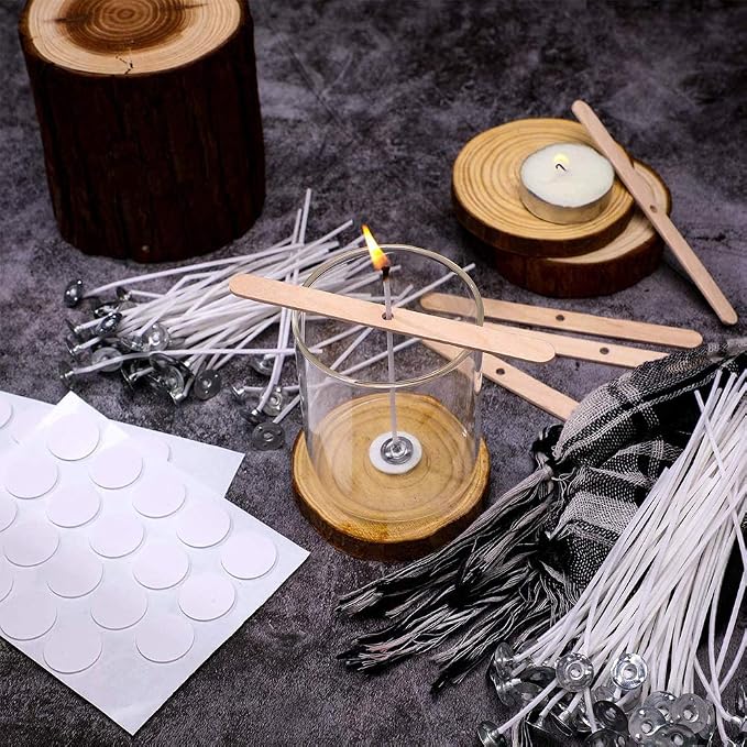 Antunihood Bulk Candle Wicks 100 Pcs with 60Pcs Candle Wick Stickers and 10 Pcs Wooden Candle Wick Centering Device for Soy
