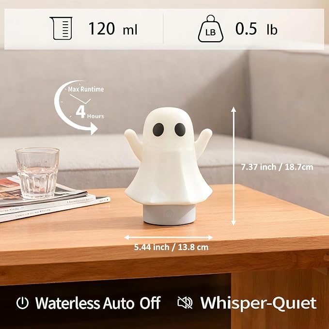 Aozale Cute Ghost Essential Oil Diffuser, 120ML Ultrasonic Cool Mist Mini Humidifier with 7-Color LED, Auto Shut-Off