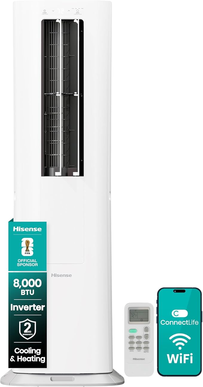 API0825UW1D Smart Inverter Twin Hose 8,000 BTU (DOE) 350 SF Heat/Cool Tower Portable Air Conditioner, White, product image